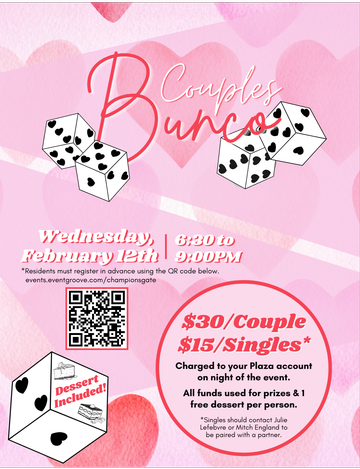 Event Couples Bunco @ The Plaza (RESIDENTS & GUESTS ONLY)