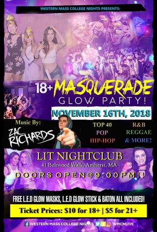 Event WMCN Masquerade Glow Party @LIT Nightclub, Amherst, Ma 11.16.18