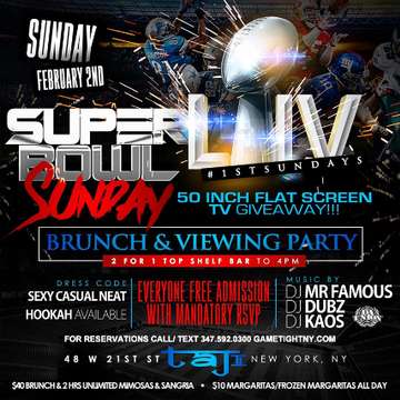 Event Taj Lounge Superbowl Sunday Brunch & Viewing Party 2020