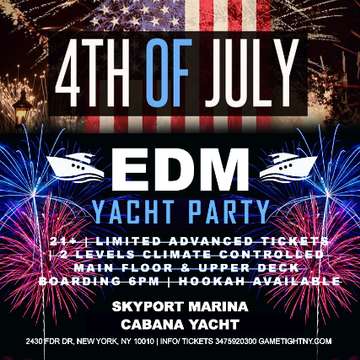Event July 4th NYC EDM Sunset Fireworks Show Yacht Cruise Skyport Marina Cabana Yacht 2021