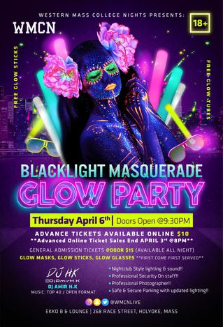 Event WMCN 18+ BLACKLIGHT MASQUERADE GLOW PARTY! AT EKKO 268 RACE STREET, HOLYOKE!