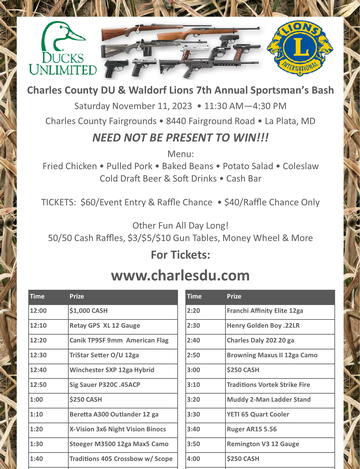 Event Charles County DU & Waldorf Lions 5th Annual Sportsman’s Bash