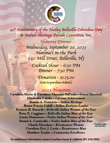 Event 2023 Nutley Belleville Columbus Day & Italian Heritage Parade Committee, Inc. Honoree Dinner