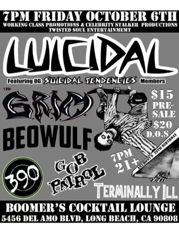 Event Luicidal, Featuring OG Members of Suicidal Tendencies at Boomer’s Cocktails 