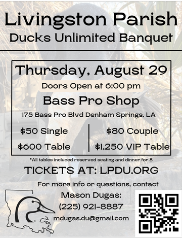Event Livingston Parish Ducks Unlimited Banquet- Bass Pro Shop