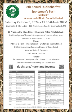 Event 8th Annual Ducktoberfest hosted by  Anne Arundel North Ducks Unlimited